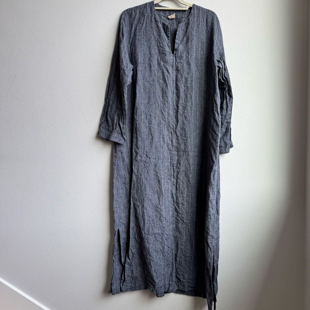 Linenbee  100% Linen? Stripe Grey Midi Lagenlook Boho Dress Size Large? XL?